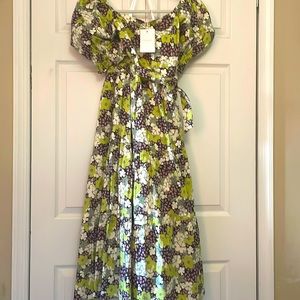 Ted Baker London puff sleeve tiered midi dress in green and purple floral. NWT